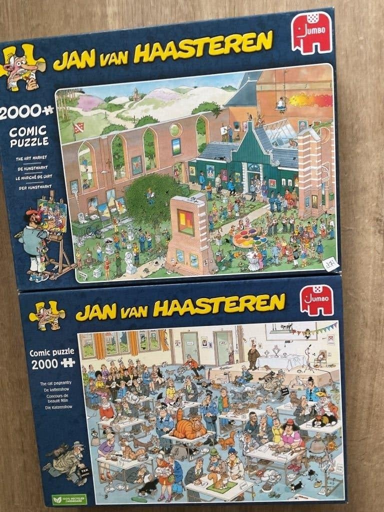Jan van Haasteren De kattenshow, The art market €17,50 beide, Ophalen of Verzenden, Meer dan 1500 stukjes, Gebruikt, Legpuzzel