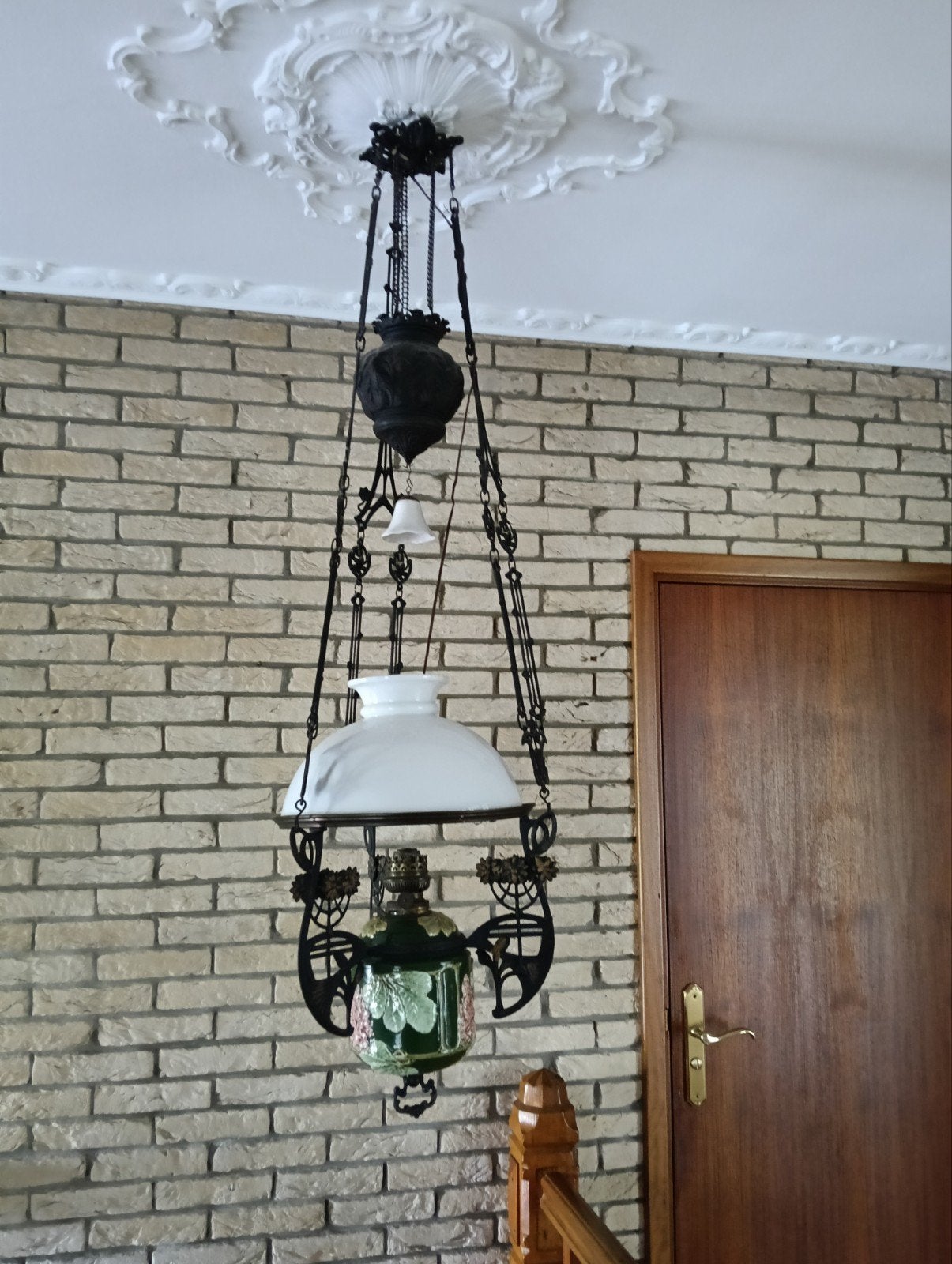 Antieke olielamp, omgebouwd tot hanglamp, beschilderd, Antiek en Kunst, Ophalen