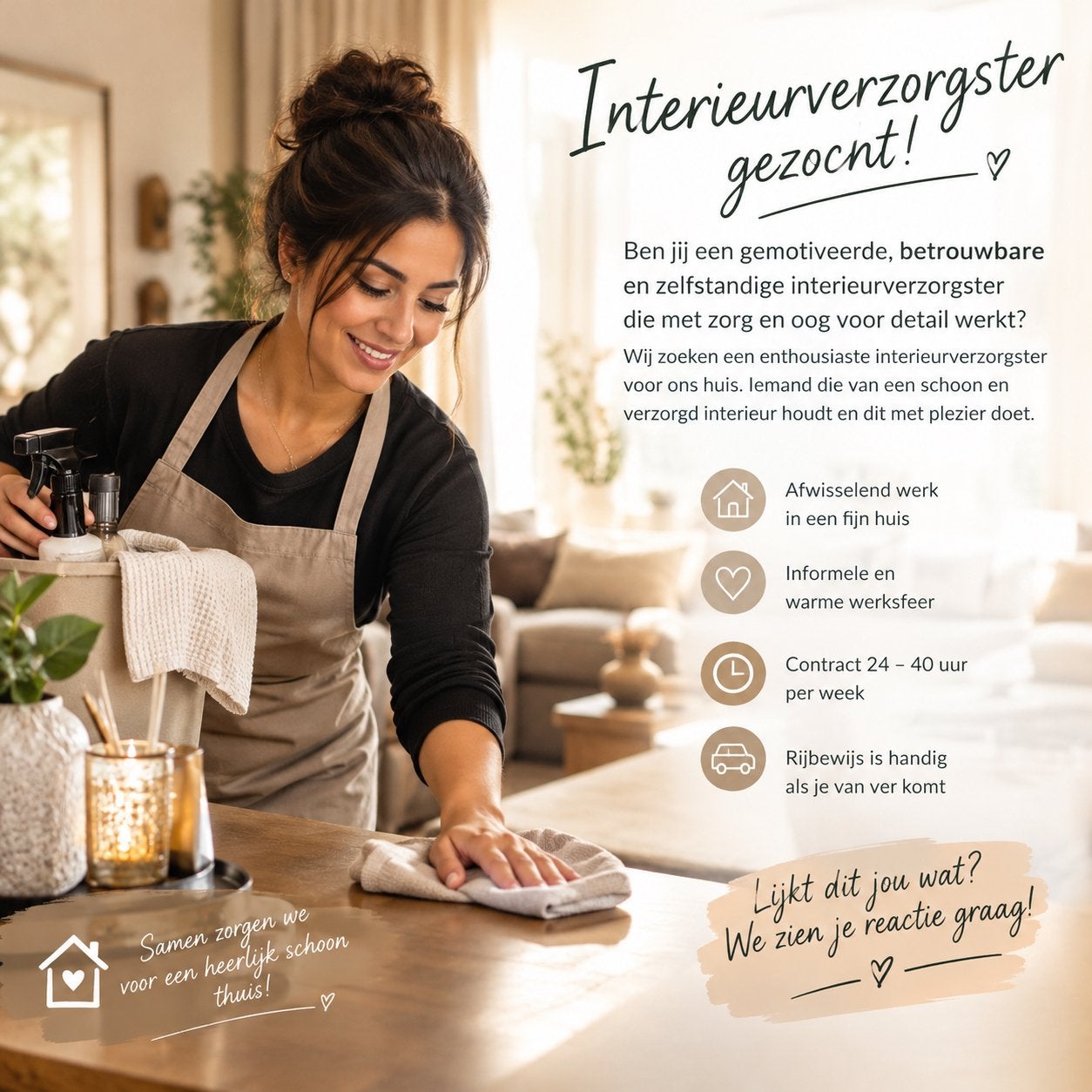 Interieurverzorgster gezocht 24-40 uur omgeving Bergambacht, 33 - 40 uur, Vanaf 3 jaar, Tijdelijk contract