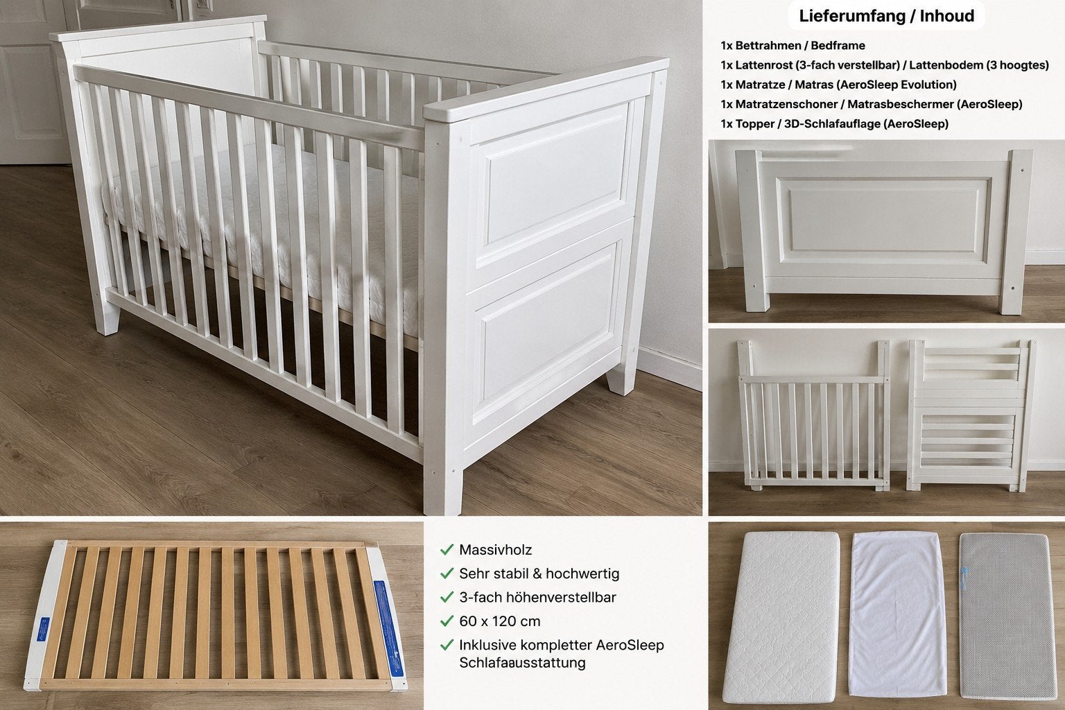 Massief houten babyledikant 60x120 cm met AeroSleep set, Kinderen en Baby's, Babywiegjes en Ledikanten, Ophalen