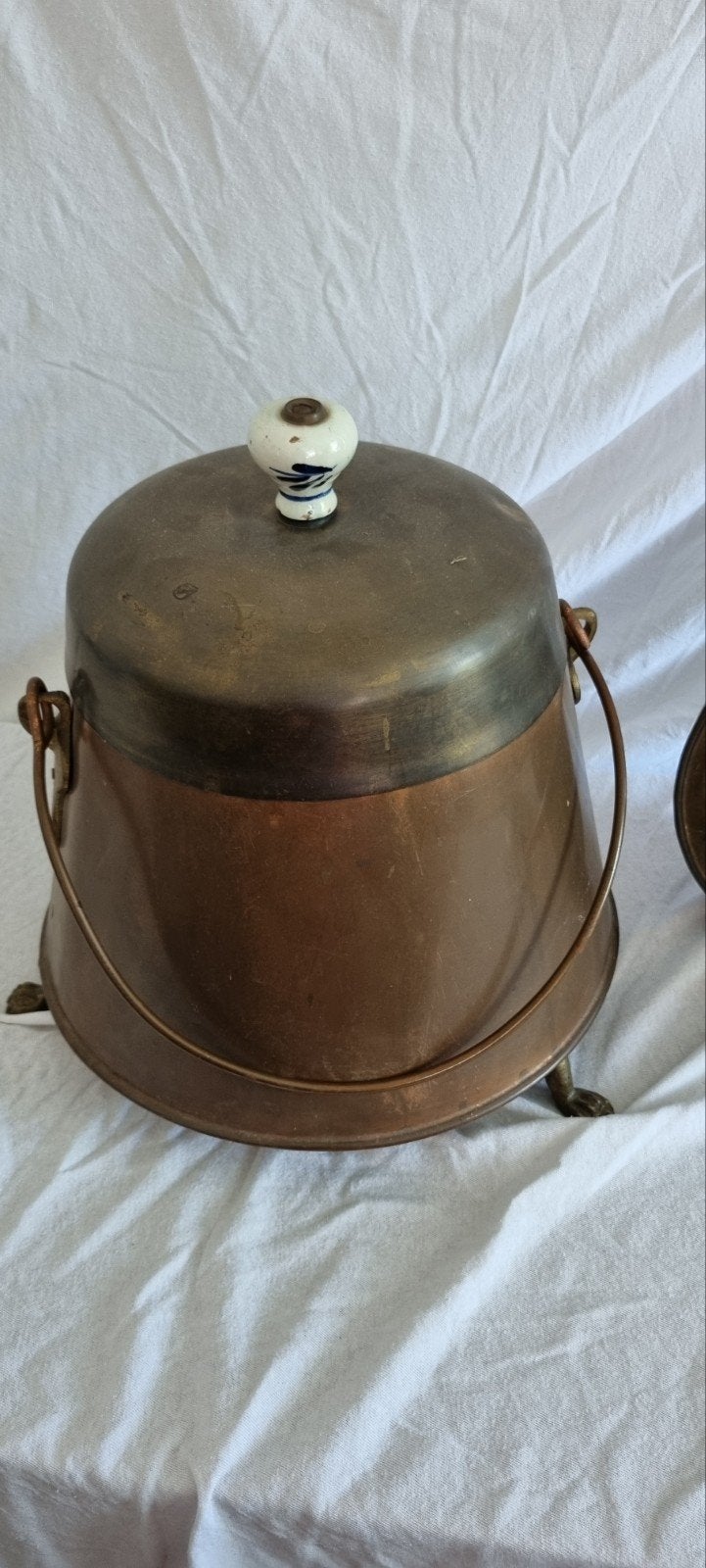 Antieke koperen en bronzen haardset met kolenemmer, Ophalen, Koper