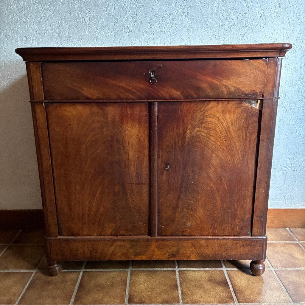 Antieke Biedermeier mahonie fineer penantkast dressoir, Ophalen, Gebruikt, 100 tot 150 cm, Met lade(s)