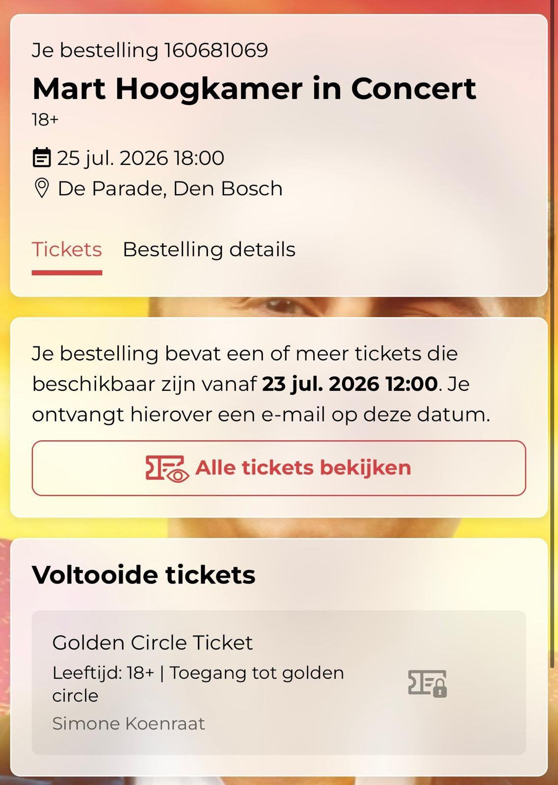 Te koop 2x golden ticket concert Mart Hoogkamer in Den Bosch, Twee personen, Overige soorten