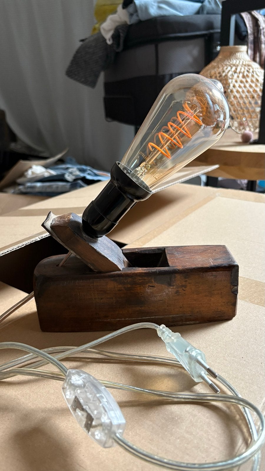Unieke handgemaakte lamp van oude schaaf, Ophalen of Verzenden