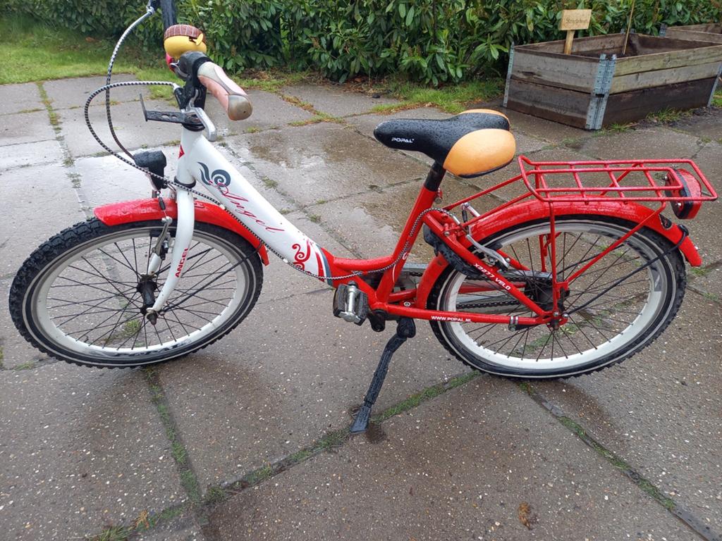 Kinderfiets rood/wit met bagagedrager, Ophalen, Gebruikt, Terugtraprem, 20 inch of meer