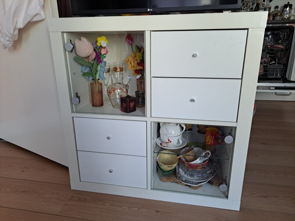 IKEA KALLAX open kast met glas inzetten en laden, Ophalen, Met deur(en), Glas, Scandinavisch
