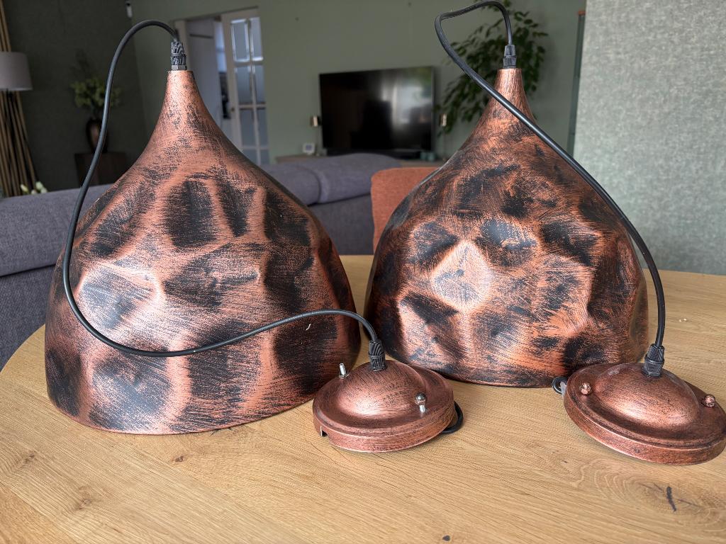 Hanglampen 2 stuks, Ophalen, Koper, binnenkant zwart., Zo goed als nieuw, Metaal