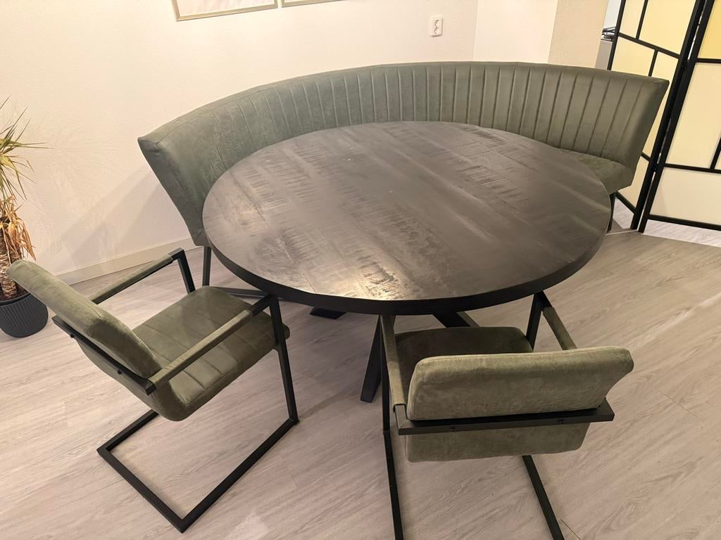 Ronde eettafel, 2 stoelen, bank en salontafel, Ophalen, Gebruikt, 150 tot 200 cm, Rond