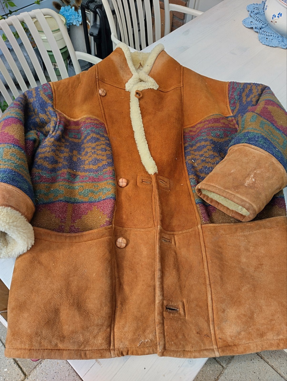 Herenjas,leer,met ingeweven kleuren.en echt lammy coat.mt 52, Kleding | Heren, Ophalen of Verzenden, Maat 52/54 (L), Bruin