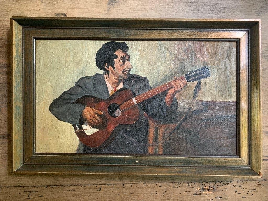 Vintage Olieverfschilderij van man met gitaar, 44 x 28 cm, Ingelijst, Ophalen of Verzenden, Olieverf, Overige materialen