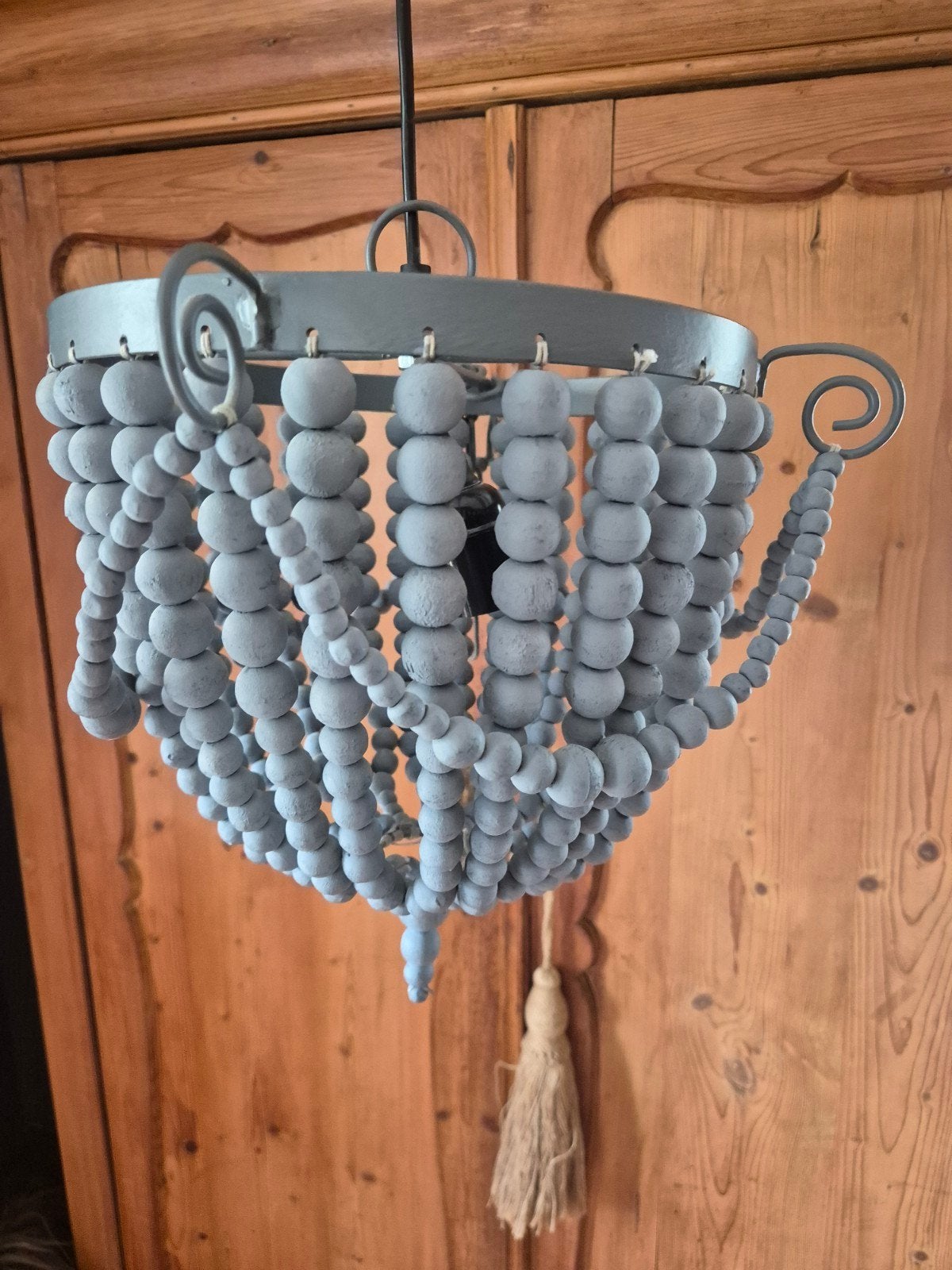 Landelijke hanglamp met houten kralen, grijs, Landelijke, Bohemian, Zo goed als nieuw, Hout, E27 (groot)