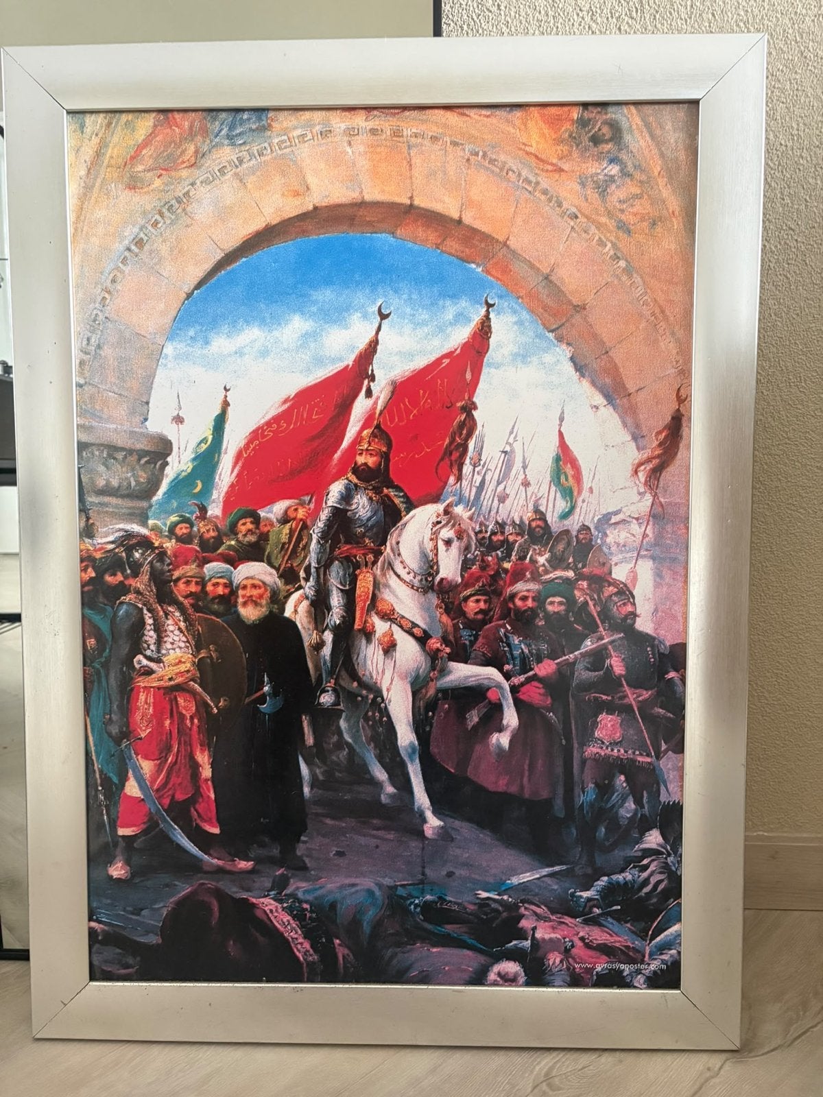 Historisch schilderij Ottomaanse krijgers ingelijst 75x55, Antiek en Kunst, Kunst | Schilderijen | Klassiek, Achter glas, Portret of Personen