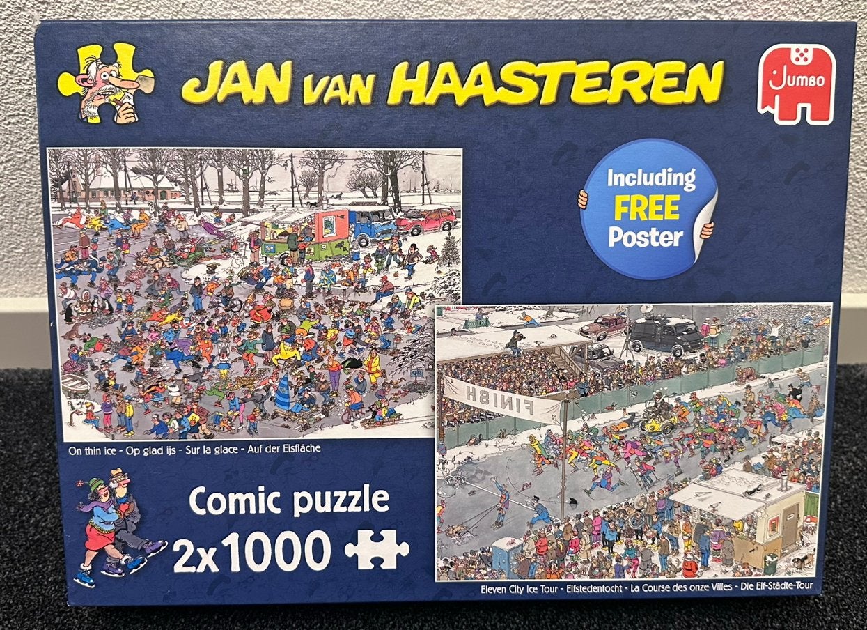 Jan van Haasteren puzzel 2x1000 OP GLAD IJS & ELFSTEDENTOCHT, Hobby en Vrije tijd, Ophalen of Verzenden, 500 t/m 1500 stukjes