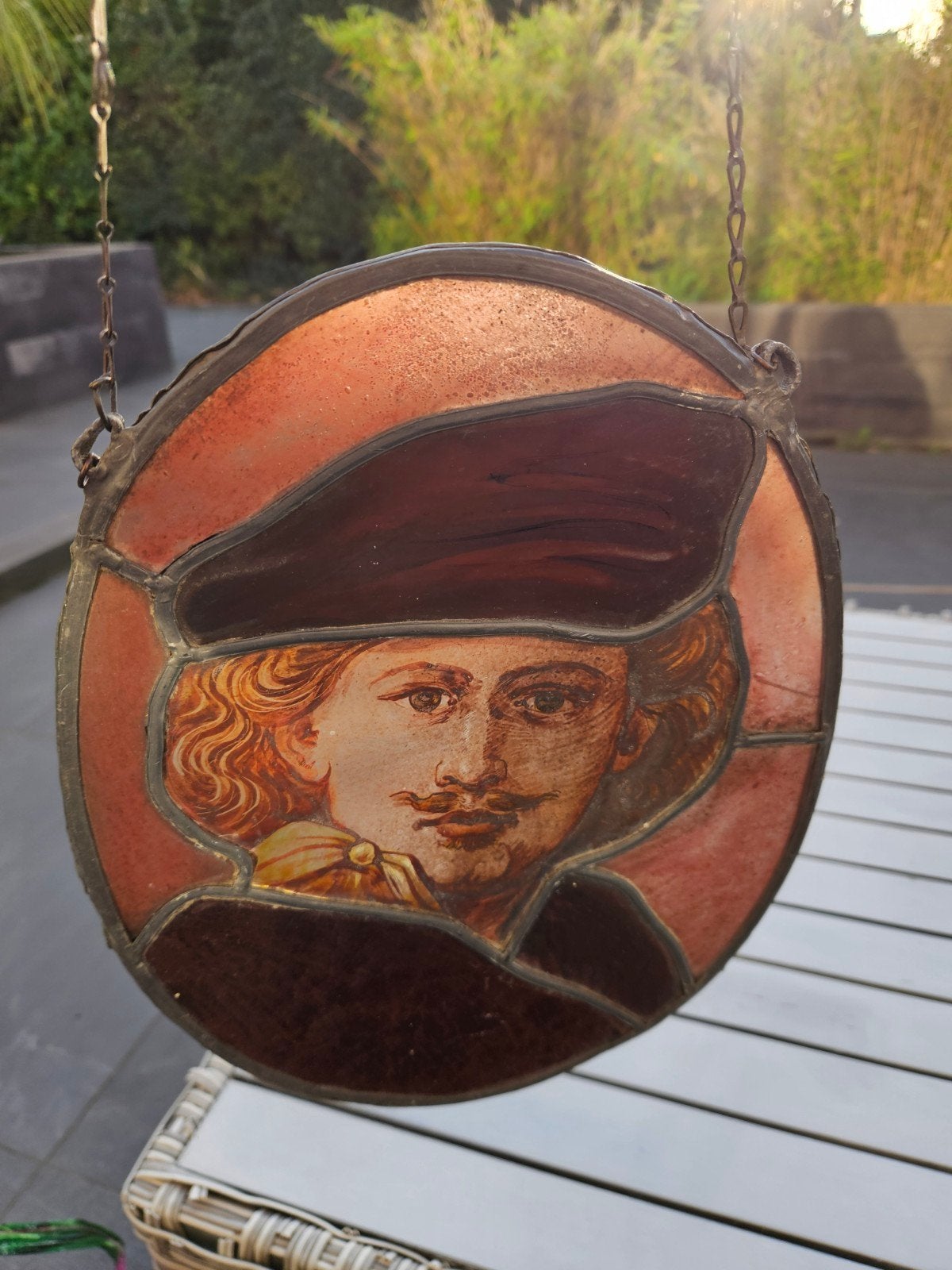 Antiek glas-in-lood raamhanger met portret, handgemaakt, Antiek en Kunst, Ophalen of Verzenden