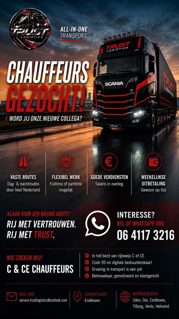 CHAUFFEURS GEZOCHT!, Vacatures, 33 - 40 uur, Overige niveaus, Overige vormen