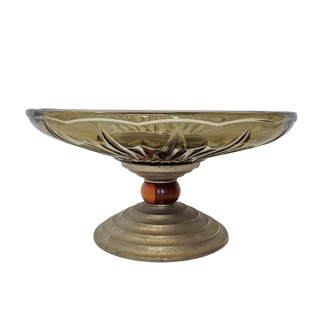 Franse Art Deco fruitschaal van rookglas op chromen voet, Ophalen of Verzenden
