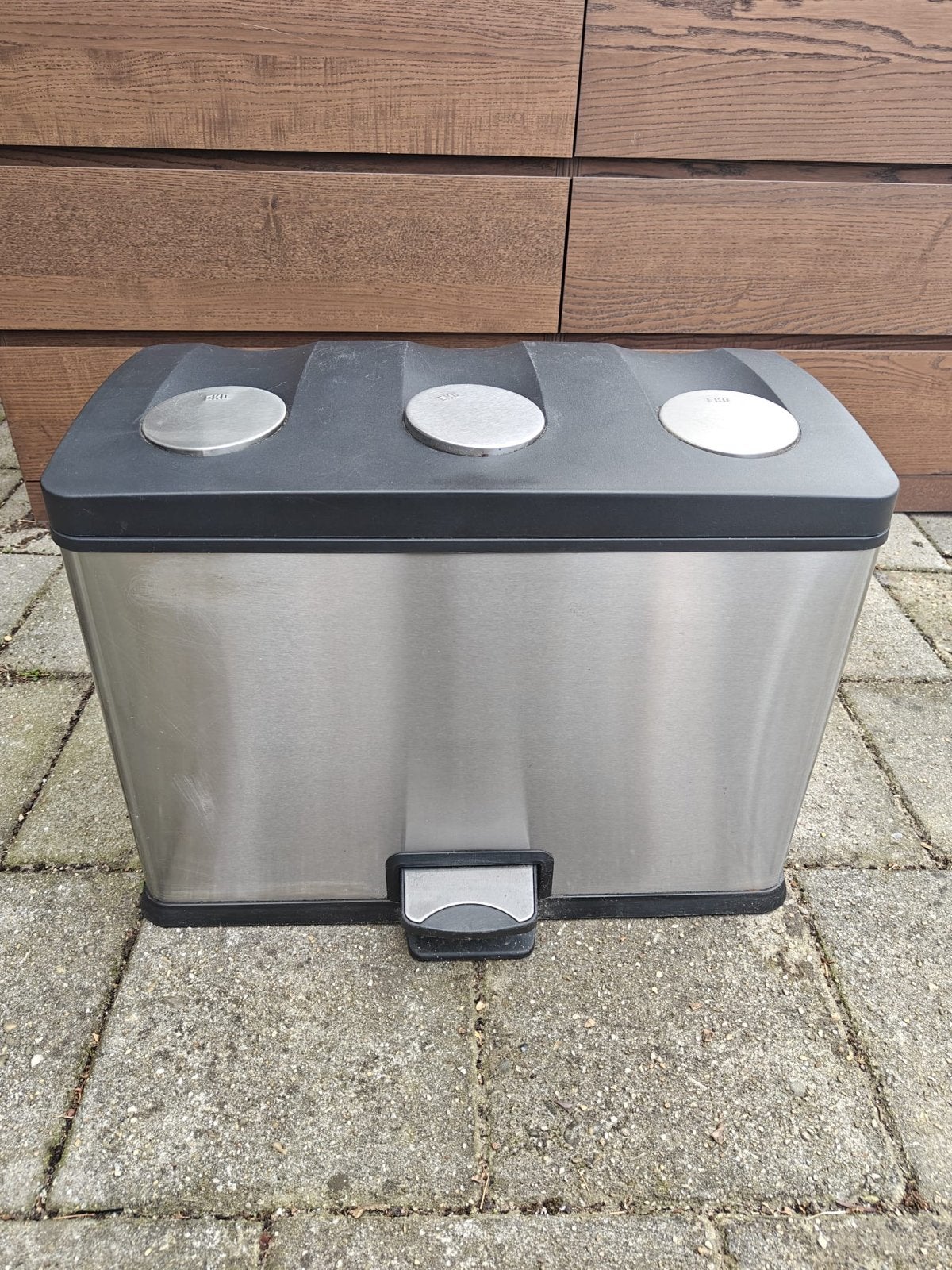 EKO prullenbak 3 vakken RVS met pedaal, Ophalen, 50 – 75, Gebruikt, Met pedaal