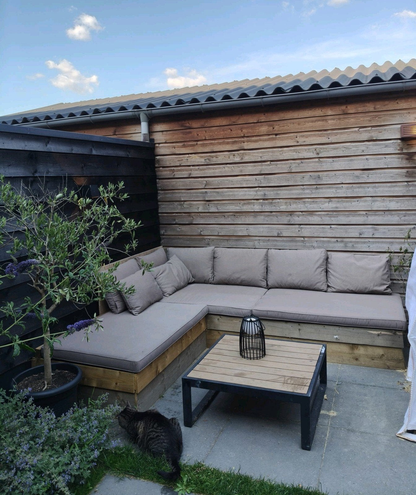 Loungeset met palletbank en Madison kussens Panama taupe, Tuin en Terras, Tuinsets en Loungesets, Ophalen