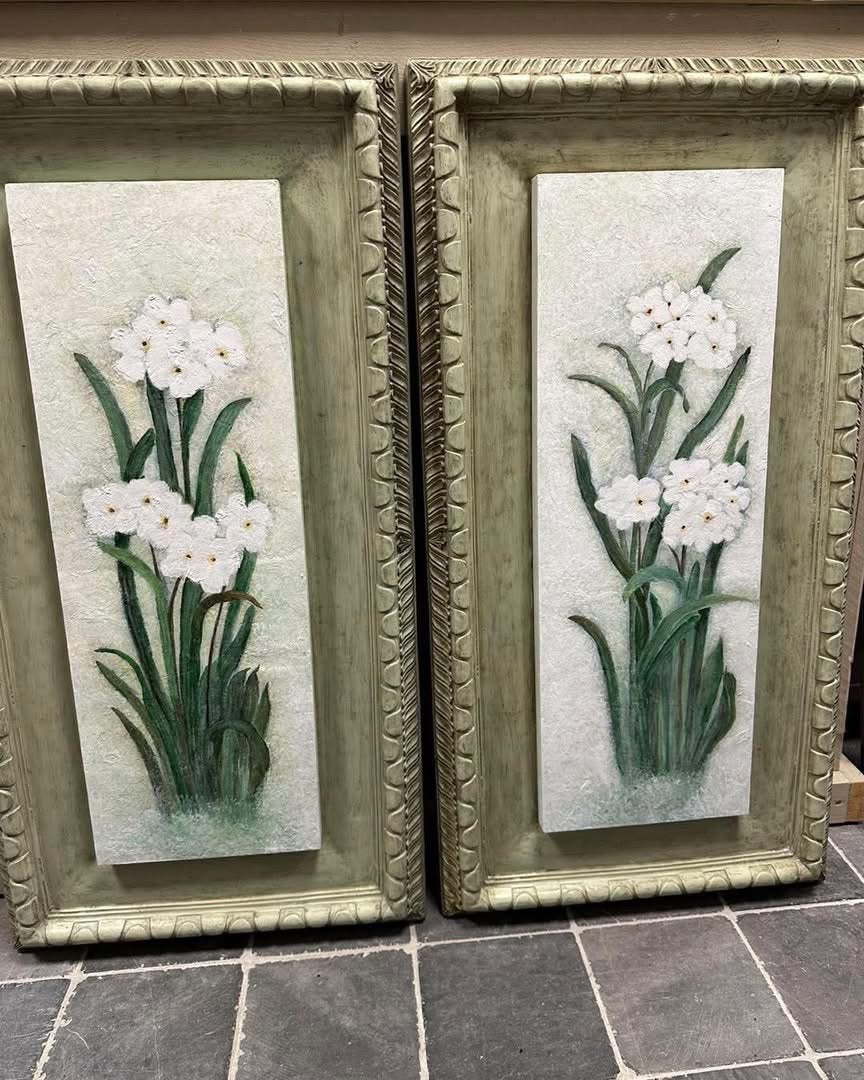 2 luik schilderij bloem groen/ wit samen €75,-, Ophalen