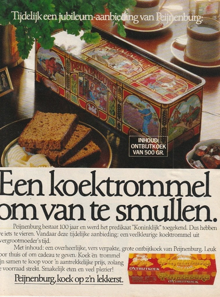 Retro reclame 1983 Peijnenburg ontbijtkoek trommel blik, Verzenden, Overige typen