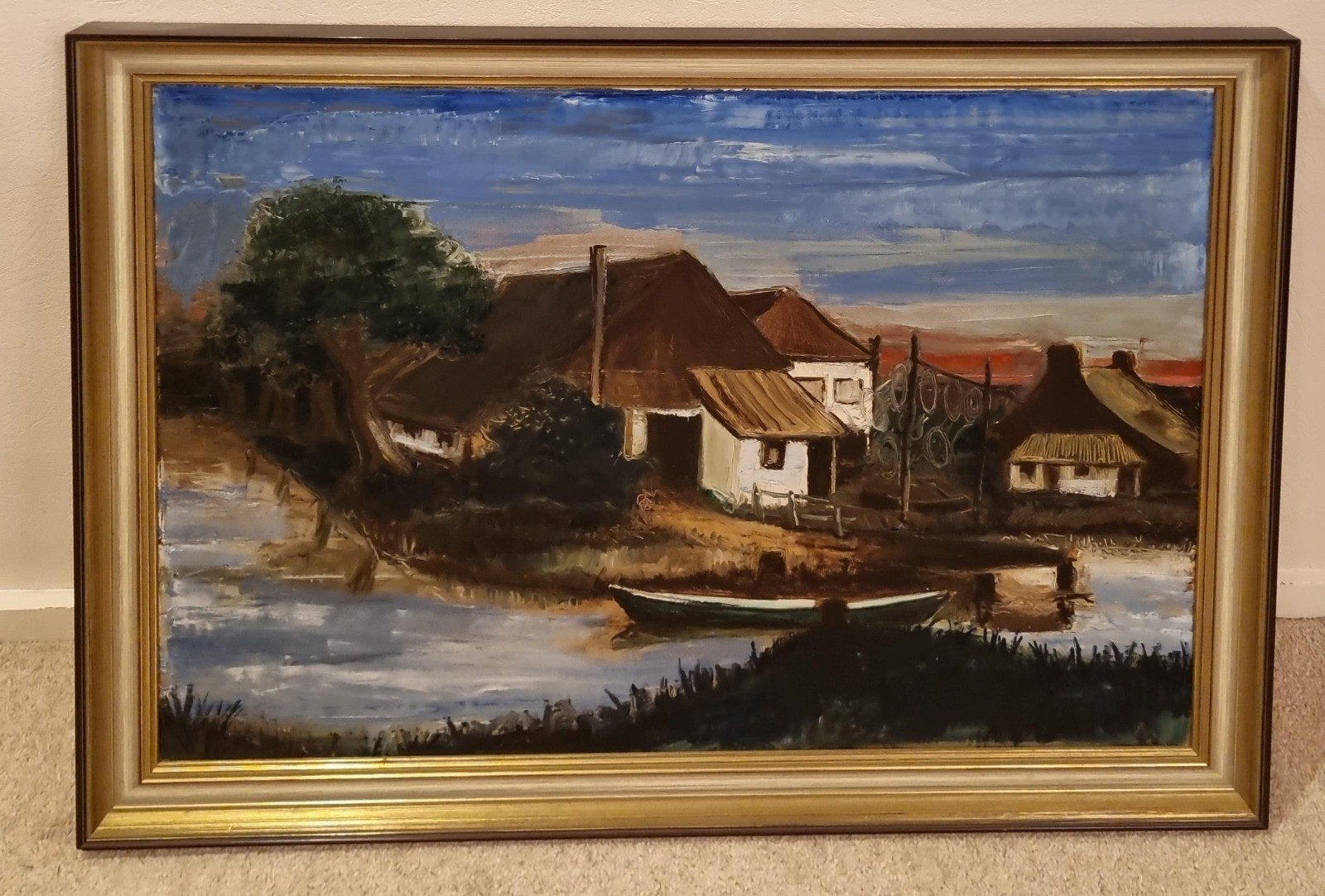 Schilderij Landschap met boerderijen en water, Ophalen, Doek, Realistisch, Landschap