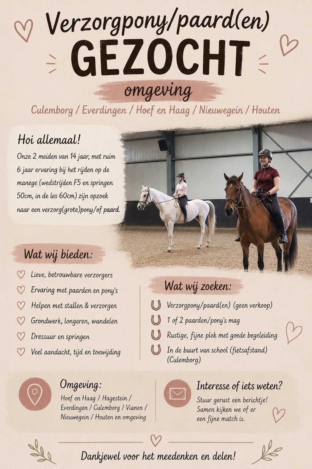 Gezocht:Verzorgpaard(en)of (grote)pony(’s)regio hagestein, Ophalen