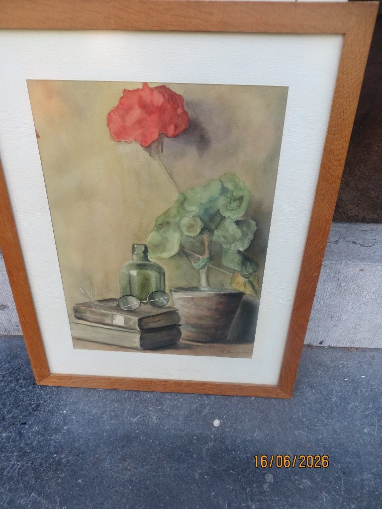 Mooi stilleven, in Aquarel van Vermeulen met Geranium, Ophalen, Expressionistisch, Stilleven, Papier