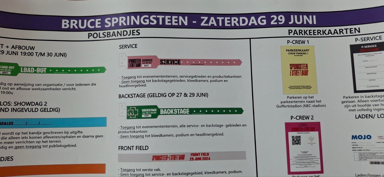 Bruce Springsteen polsbandjes overzicht 2024 Goffertpark, Ophalen of Verzenden, Zegels, Bonnen of Punten