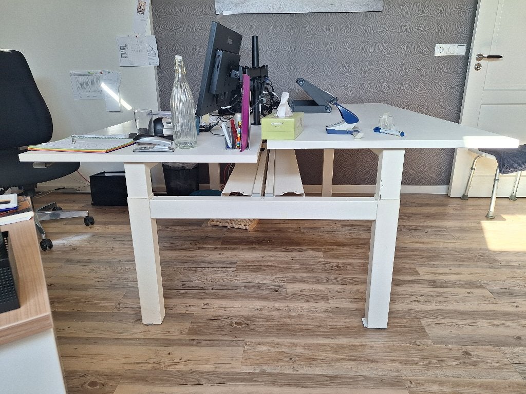 Verstebaar duo bureau wit, Ophalen, 160 cm, In hoogte verstelbaar, Metaal