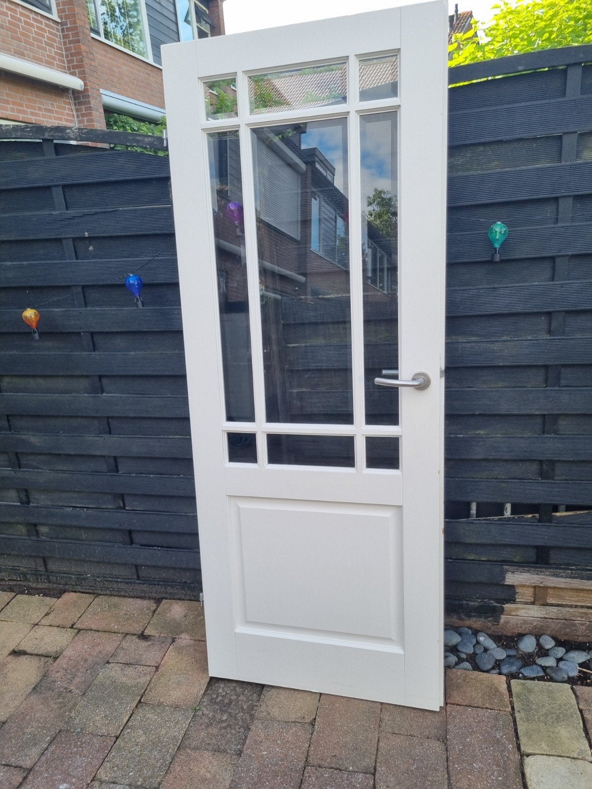 Witte binnendeur met glaspanelen en deurbeslag, Ophalen, Gebruikt, 80 tot 100 cm, Binnendeur
