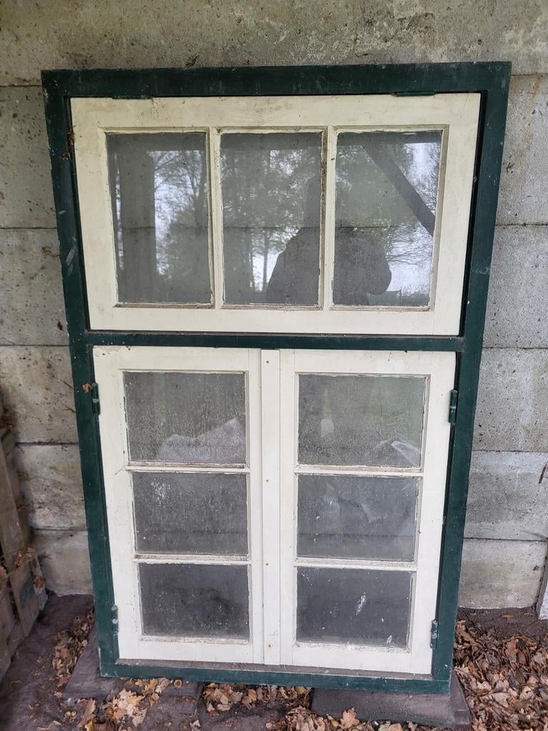Authentiek hardhouten kozijn 160x100cm met openslaande ramen, Ophalen, Gevelraam of Ruit, Gebruikt, 80 tot 120 cm