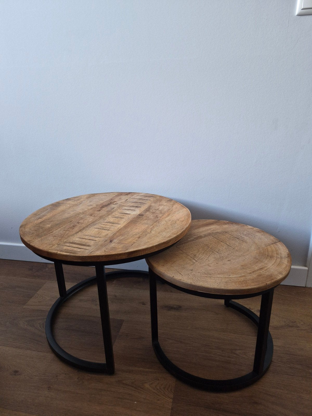 Set van 2 ronde bijzettafels - Mangohout en Metaal, Ophalen, Minder dan 45 cm, Minder dan 55 cm, Rond