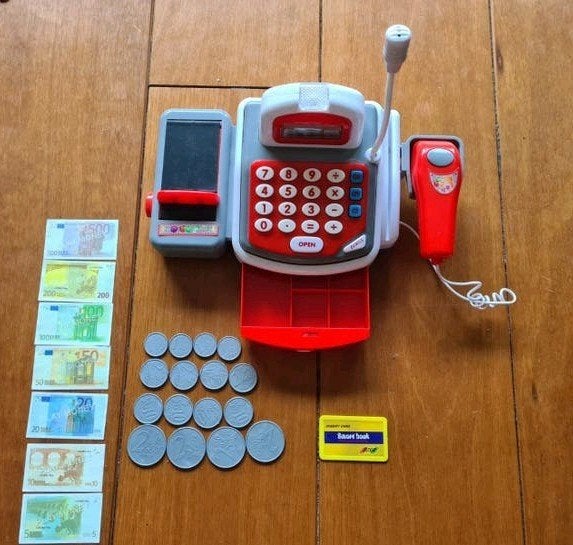 Speelgoed kassa met boodschappen, geld en pinpas, Ophalen of Verzenden, Gebruikt, Rekenen, Met geluid
