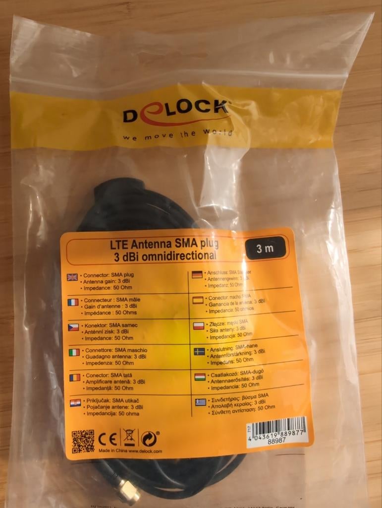 Delock LTE Antenne SMA plug 3 dBi omnidirectioneel 3m, Ophalen of Verzenden, Nieuw, Antenne