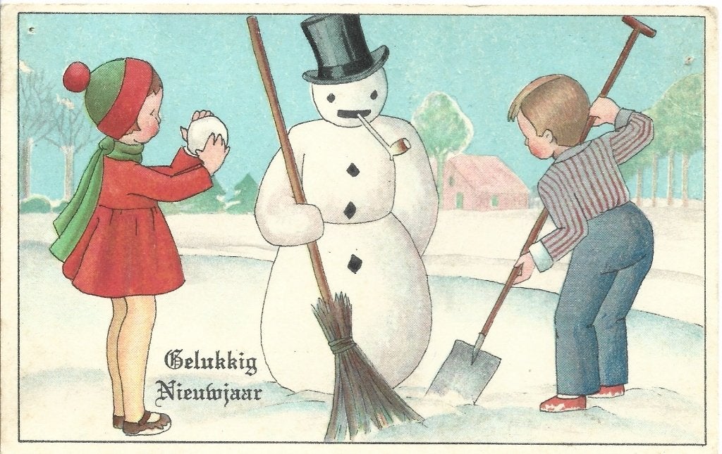 Oud uit 1937*Gelukkig Nieuwjaar*Sneeuwpop met pijp*Kinderen, Ophalen of Verzenden, 1920 tot 1940, Gelopen, Kinderen