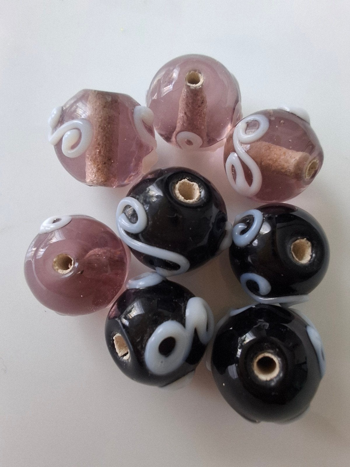 8 stuks lampwork glaskralen zwart wit roze kralen, Kraal, -, -, Nieuw