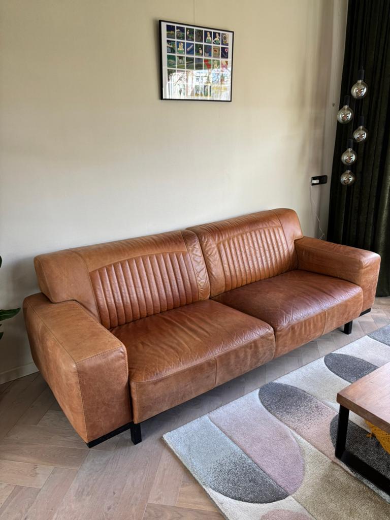 Stoere leren bank cognac cowboyleder, Ophalen, Gebruikt, Driepersoons, Leer