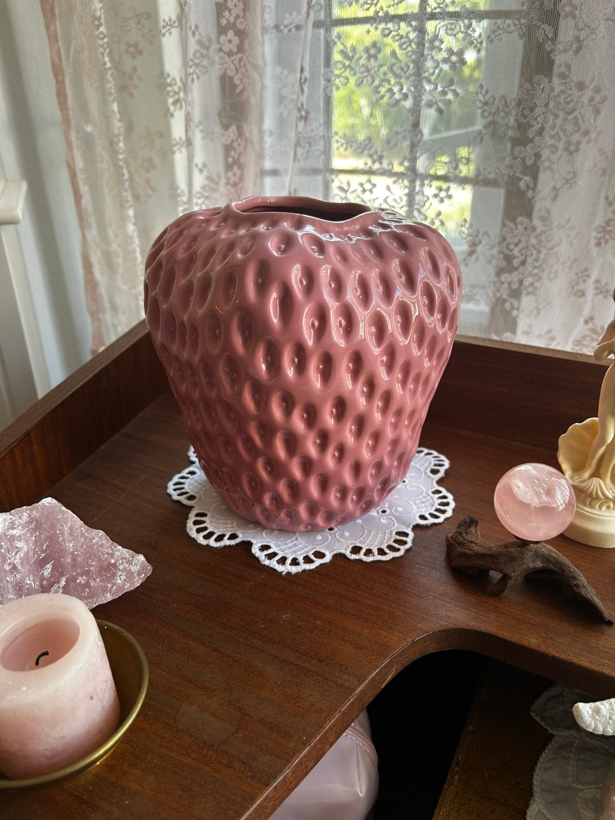 Roze aardbei vaas, Huis en Inrichting, Woonaccessoires | Vazen, Ophalen, Zo goed als nieuw, Roze