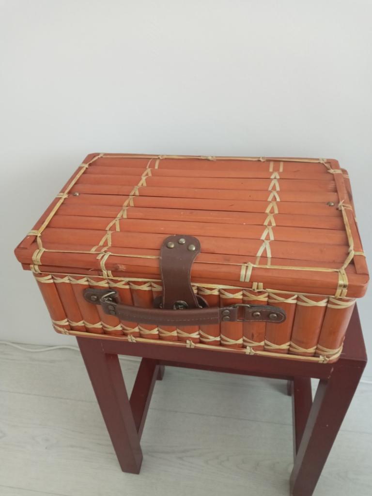 42x28x15h Unieke bamboe picknickmand grepen van imitatieleer, Ophalen of Verzenden, Zo goed als nieuw, Zonder inhoud