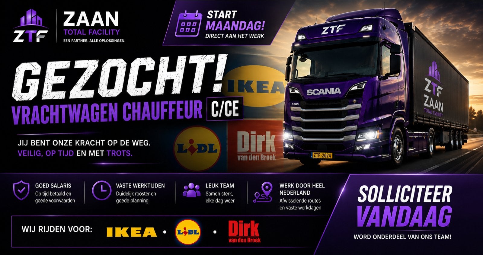Chauffeur C/CE gezocht voor IKEA, Lidl en Dirk van den Broek, 33 - 40 uur, Overige niveaus, Overige vormen