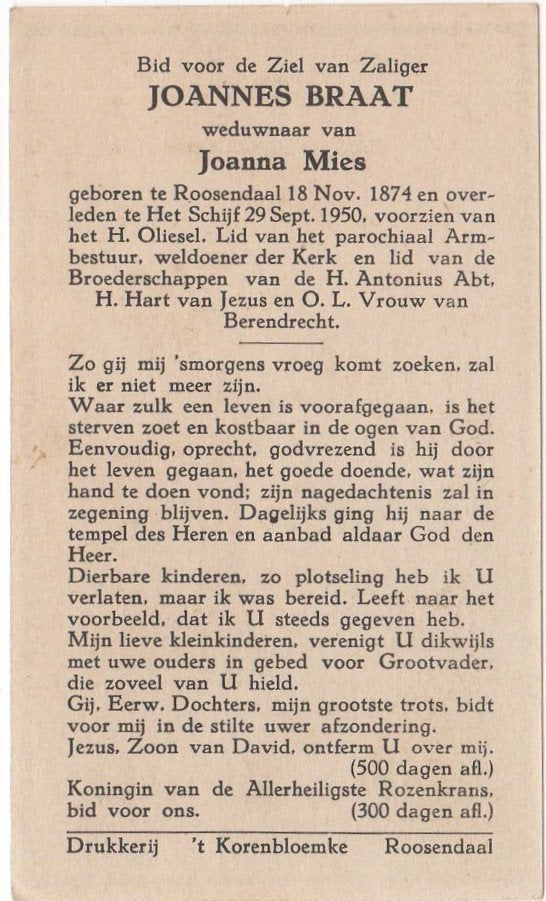 Joannes Braat 1874 Roosendaal + 1950 Het Schijf, 75 jaar oud, Verzenden