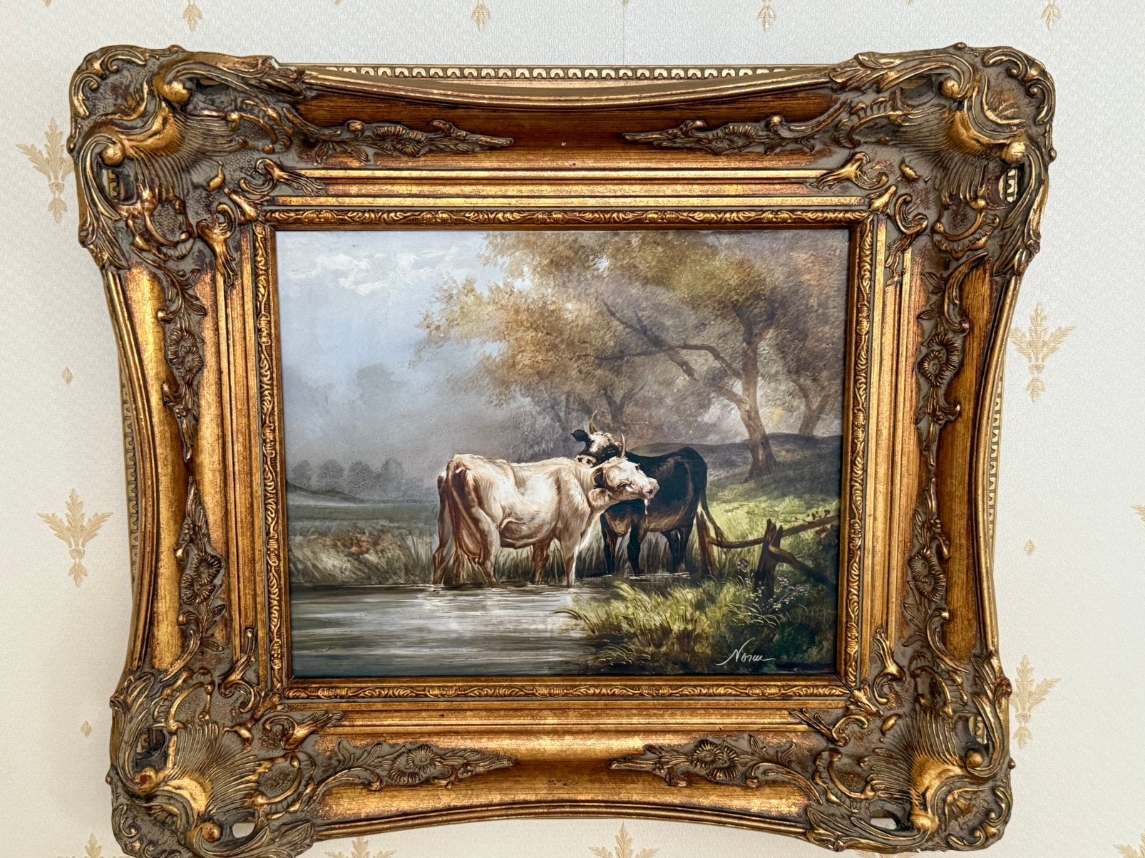 Koeien schilderrij op glas antiek in prachtige staat, Antiek en Kunst, Ophalen