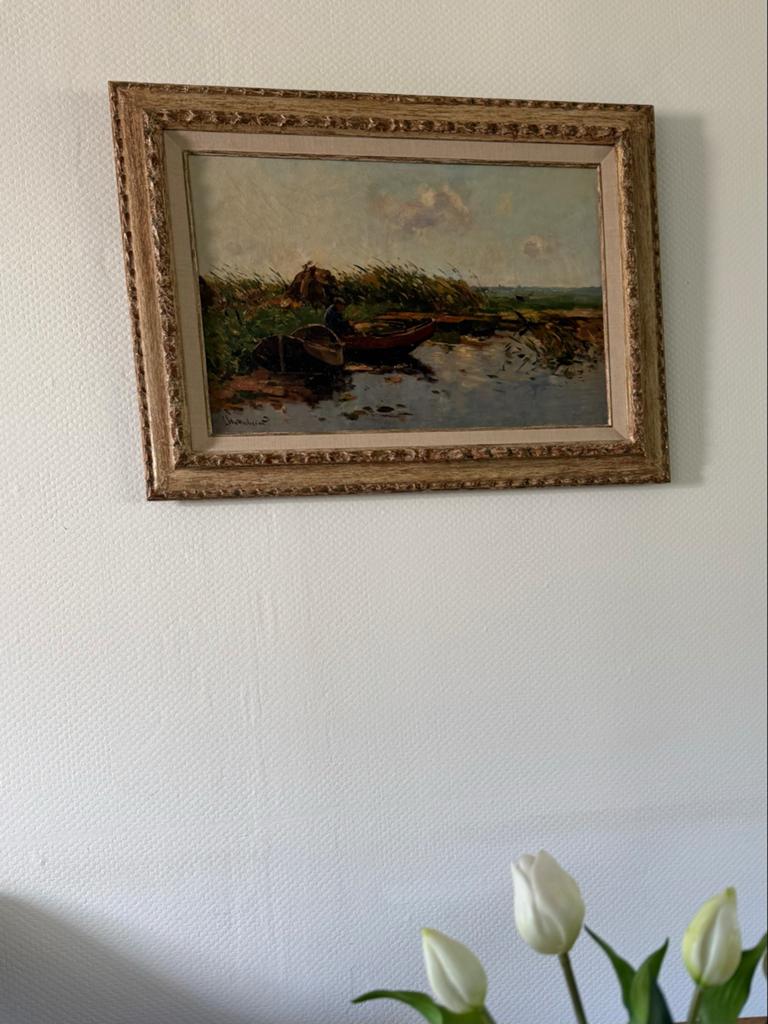 Oud Hollands Landschap Schilderij met Visser en Boot, Ophalen of Verzenden