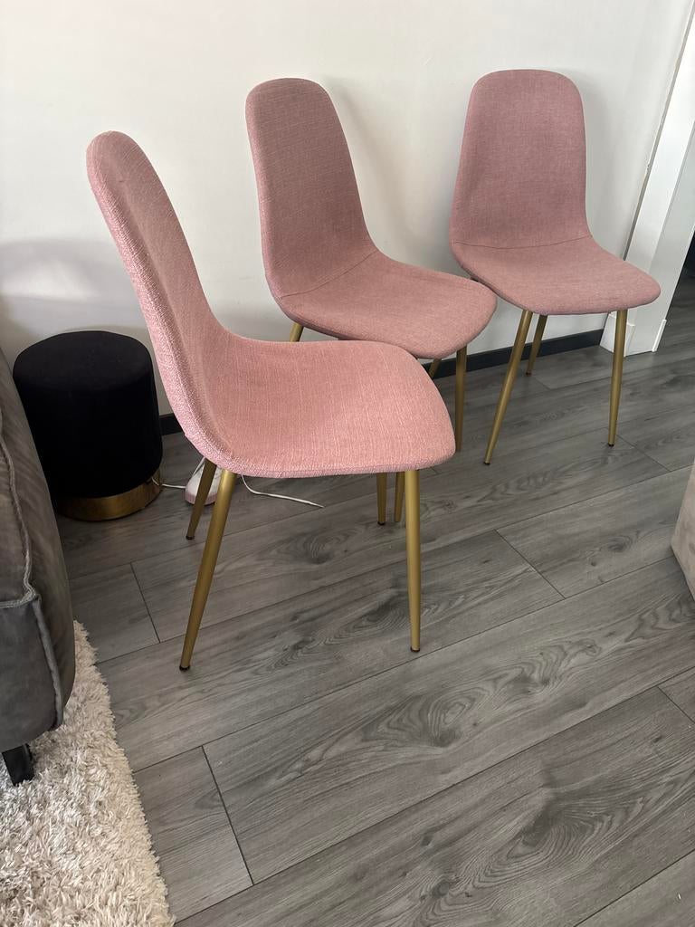 3x Roze Eetkamerstoelen met Gouden Pootjes, Huis en Inrichting, Stoelen, Ophalen, Overige kleuren, Drie, Zo goed als nieuw
