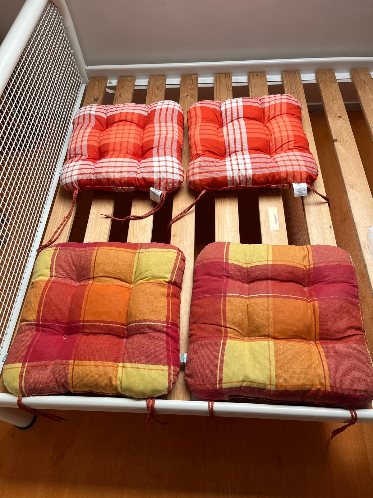 4 losse (tuin)stoelkussens - geruit design, Gebruikt, Meerkleurig, Vierkant, Ophalen of Verzenden