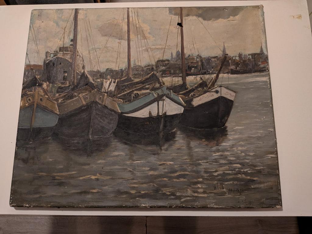 Olieverfschilderij van boten in de haven, gesigneerd, Antiek en Kunst, Kunst | Schilderijen | Klassiek, Ophalen of Verzenden