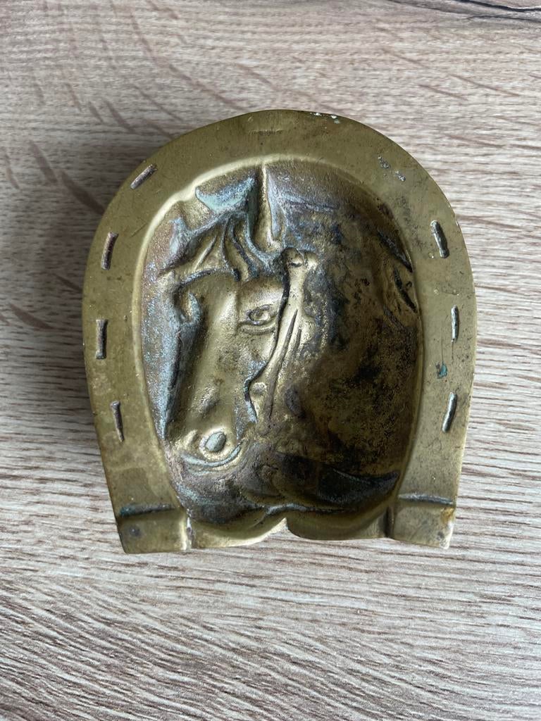 Vintage messing asbak hoefijzer met paardenhoofd, Ophalen of Verzenden