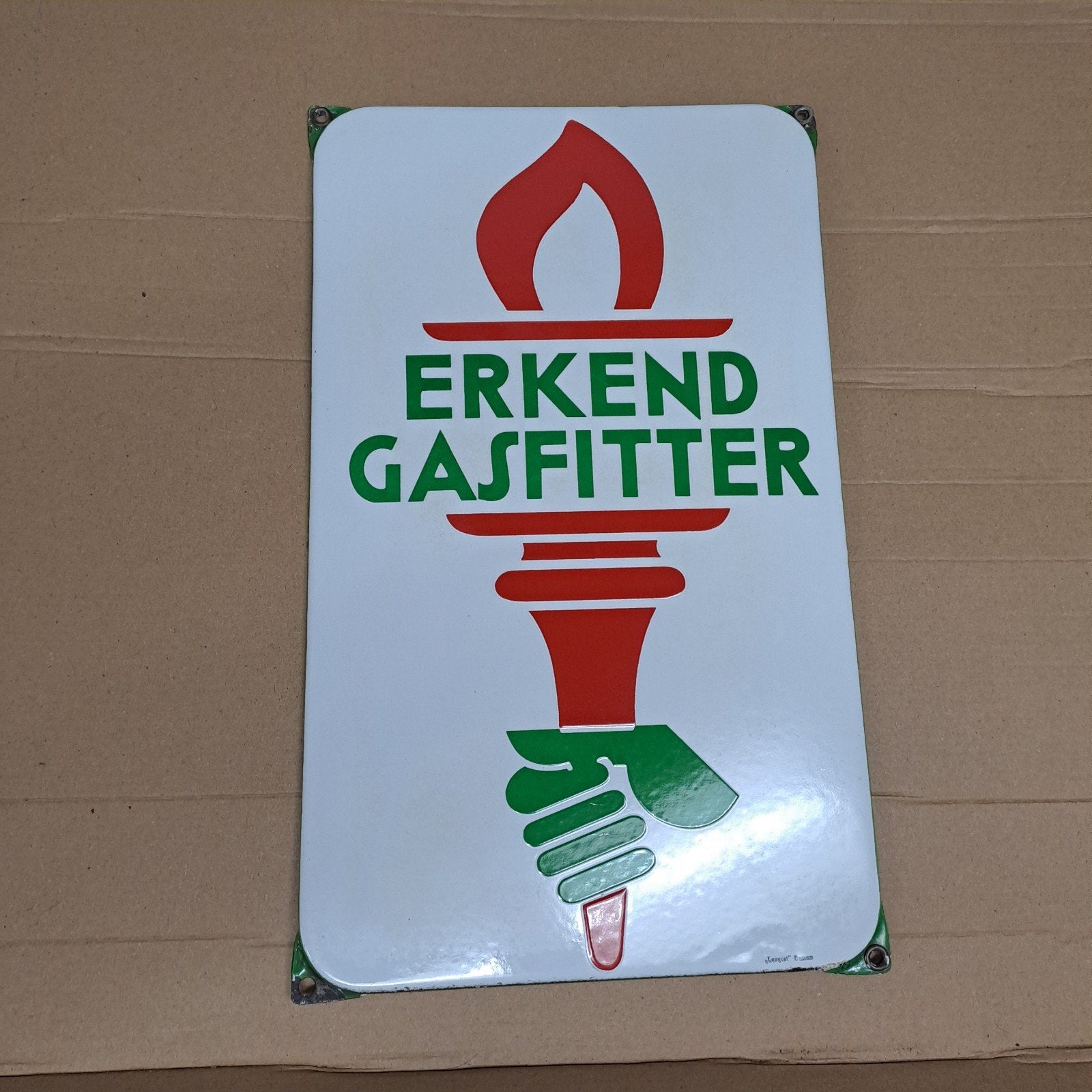 Erkend gasfitter Langcat Bussum gemerkt emaille reclamebord, Ophalen of Verzenden, Gebruikt, Reclamebord