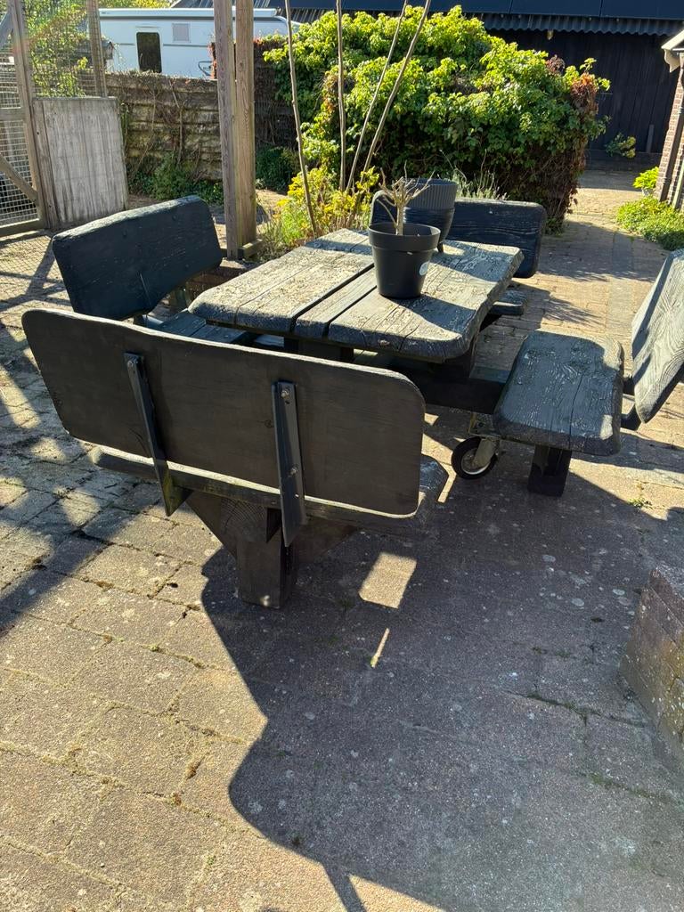 Robuuste mobiele picknicktafel van 5cm dik houten planken, Ophalen, Gebruikt, Rechthoekig, Hout