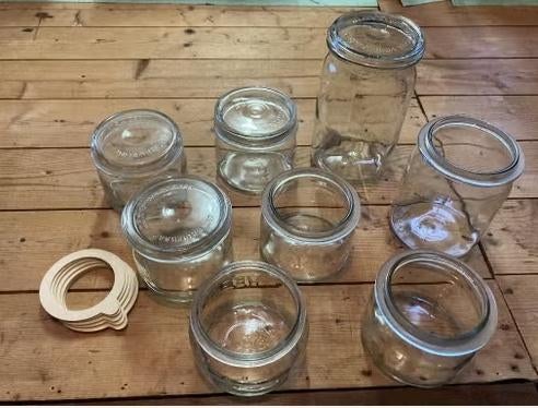 T E A B : 8 Weckflessen met 4 deksels en 6 sluitringen, Huis en Inrichting, Keuken | Potten en Pannen, Ophalen, Pot, Bus of Blik